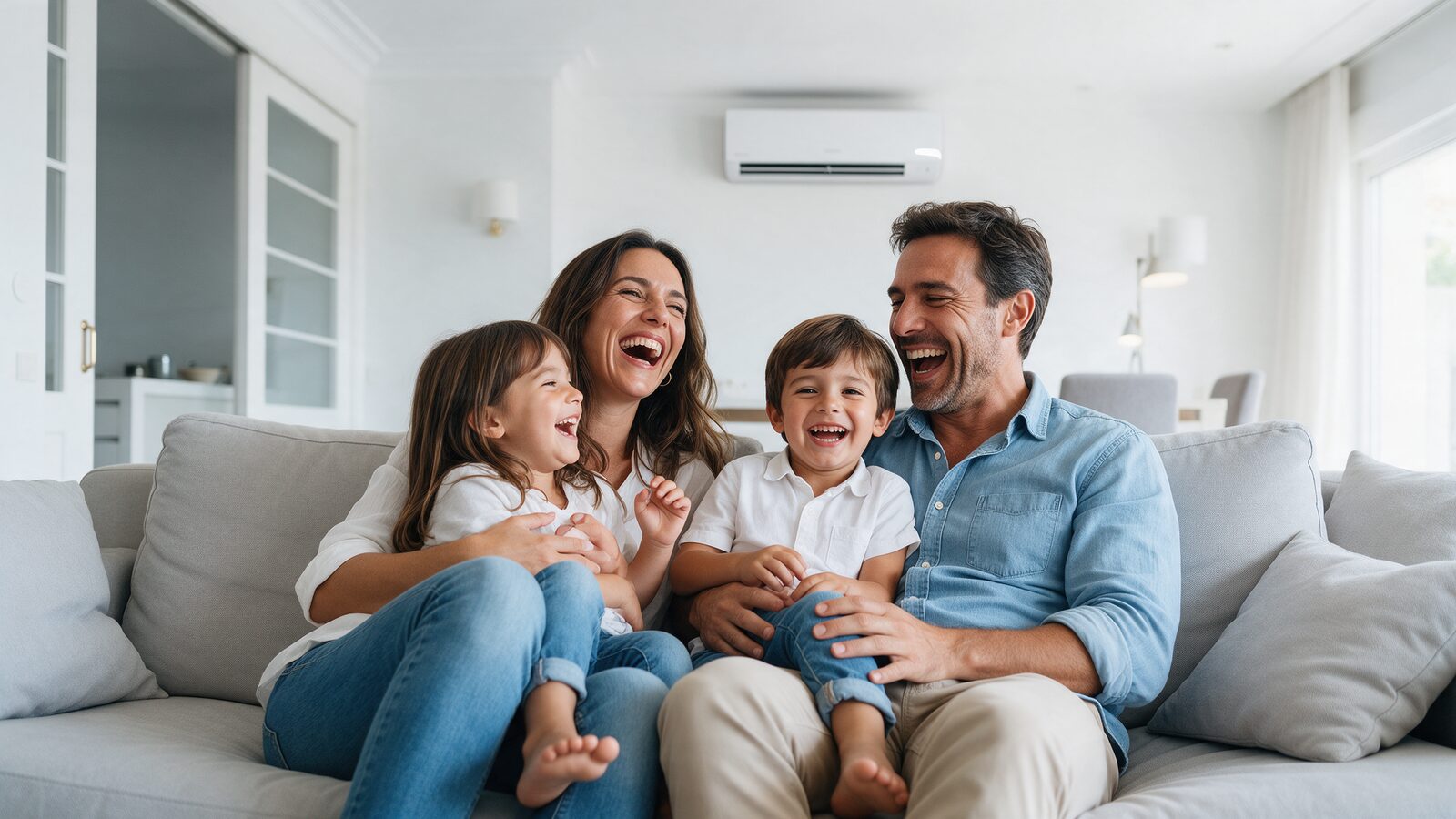 Familia feliz en su salón con un aire acondicionado Termoclima