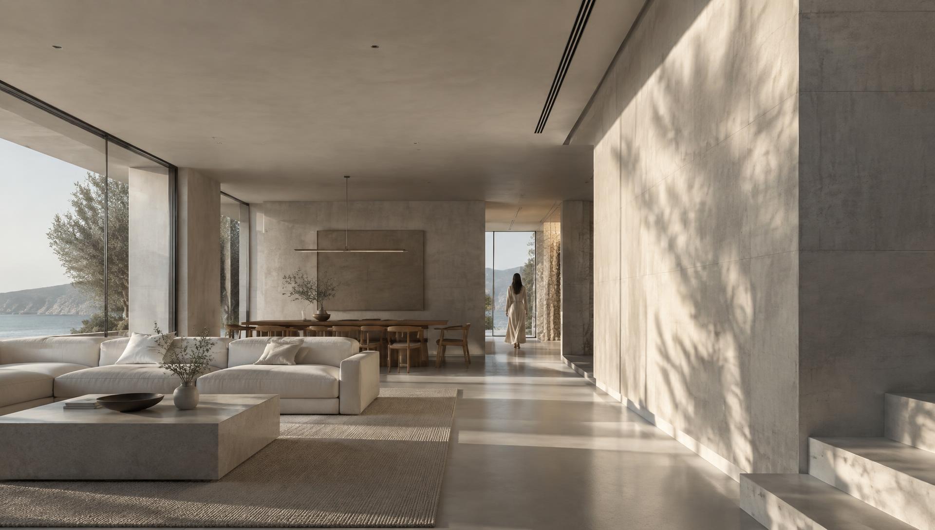 Interior de arquitectura contemporánea con difusor lineal integrado en el techo