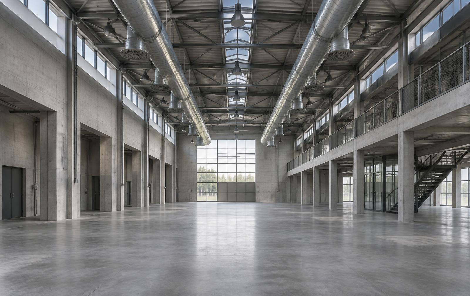 Nave industrial con conductos de ventilación vistos bajo la estructura